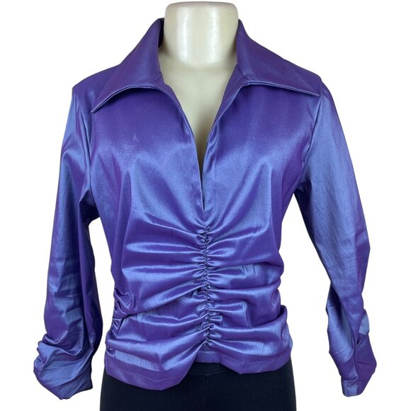 Tadashi Womens Purple Ruched Satin Long-Sleeve Blouse Top Zip Back Sz 10 - Picture 1 of 8